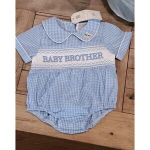 New Lil Cactus Baby Brother Gingham Romper with Peter Pan Collar